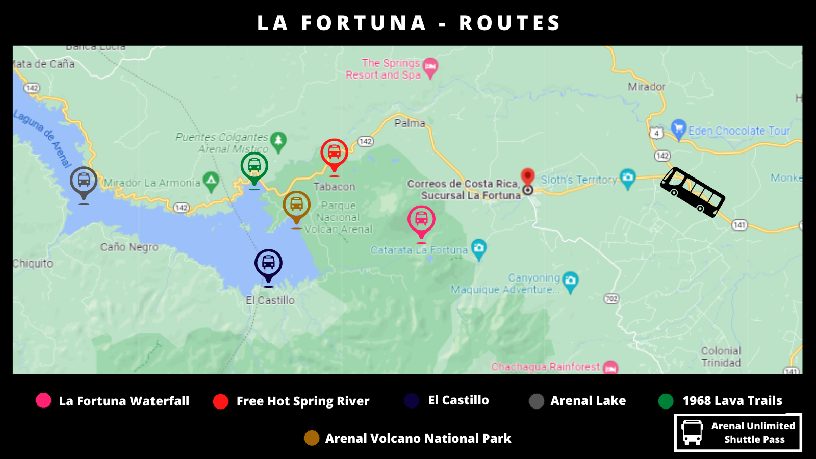La Fortuna Route Map - Arenal Unlimited Shuttle Pass